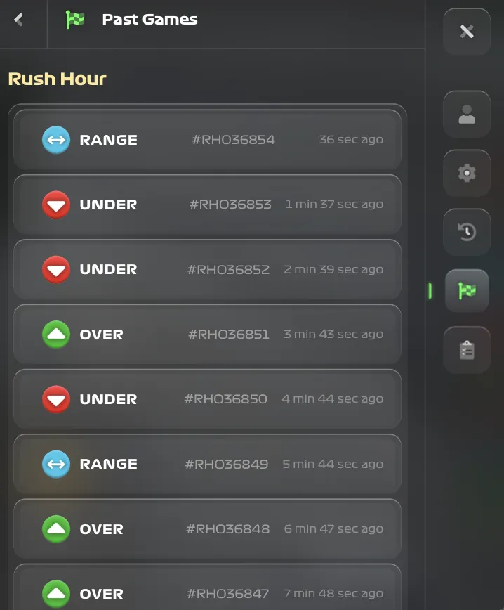 CCTV Rush Hour 과거 게임 히스토리 패널 - 베팅 결과 및 라운드 ID